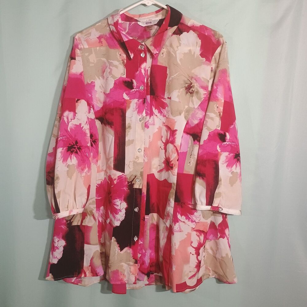 Alia Women’s Pink Floral Button Front Tunic Blouse 3/4 Sleeve Career Top